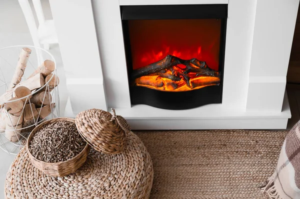 Baskets Firewood Pouf Mantelpiece Room — Stock Photo, Image