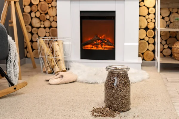 Jar Wood Pellets Living Room — ストック写真