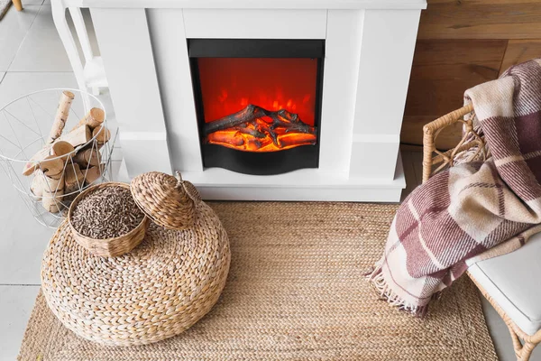 Baskets Firewood Pouf Mantelpiece Room — 스톡 사진