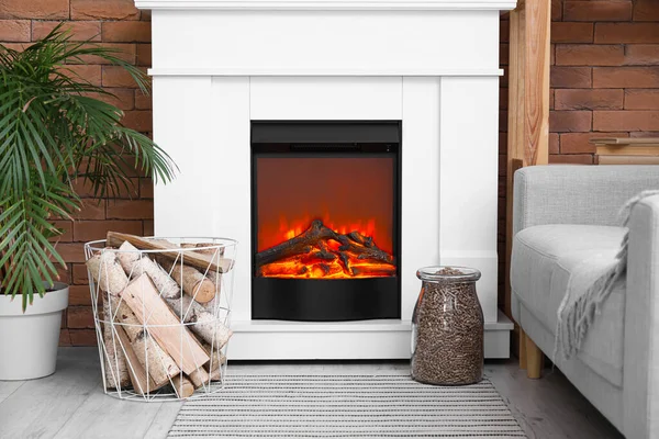 Basket Jar Firewood Fireplace Modern Living Room — Stock Photo, Image