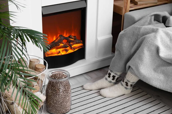 Basket Jar Firewood Woman Warming Fireplace Living Room — ストック写真