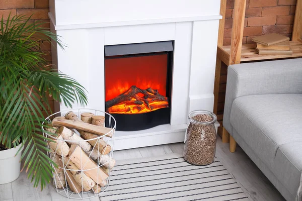 Basket Jar Firewood Fireplace Modern Living Room — 图库照片