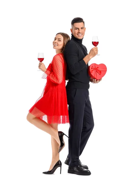 Happy Young Couple Gift Wine White Background Valentine Day Celebration — Stock Photo, Image