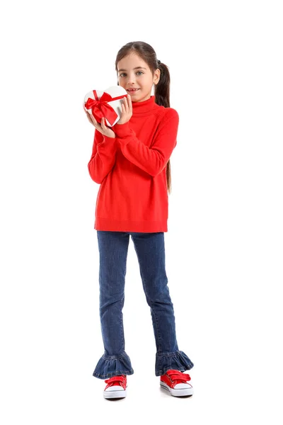 Grappig Klein Meisje Met Gave Witte Achtergrond Valentijnsdag — Stockfoto