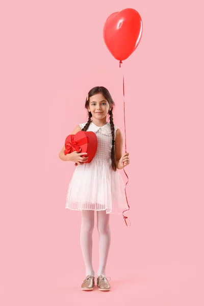 Funny Little Girl Gift Balloon Color Background Valentine Day Celebration — Stockfoto