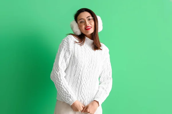 Pretty Young Woman Warm Sweater Color Background — Stock Photo, Image