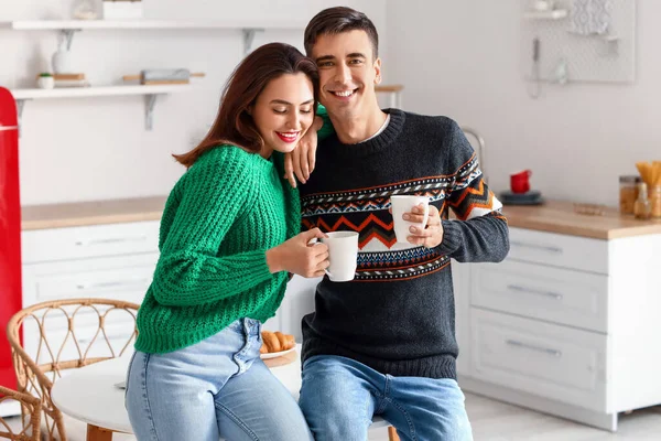 Happy Couple Drinking Tea Kitchen — Stock Photo, Image