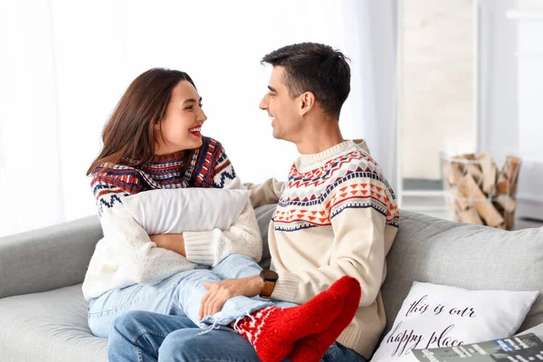 Happy Young Couple Wearing Warm Sweaters Home — Stock Photo, Image
