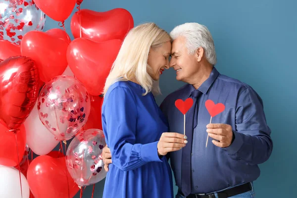 Happy Mature Couple Party Decor Balloons Color Background Valentine Day — Stock Photo, Image