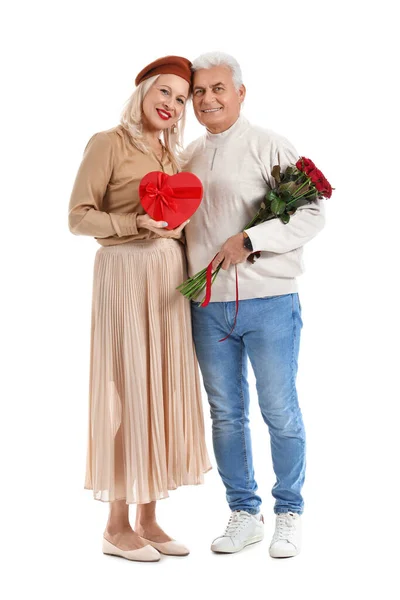Happy Mature Couple Flowers Gift White Background Valentine Day Celebration — Stock Photo, Image