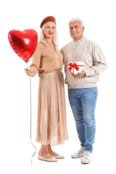 Happy Mature Couple Gift Balloon White Background Valentine Day Celebration — стоковое фото