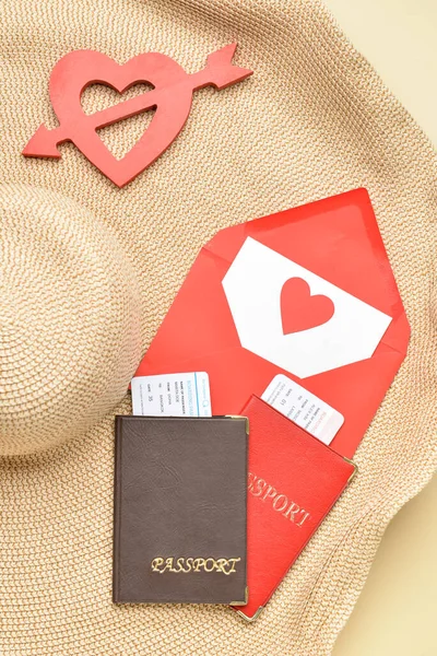 Passports Envelope Heart Hat Beige Background Valentine Day Celebration — Stock Photo, Image