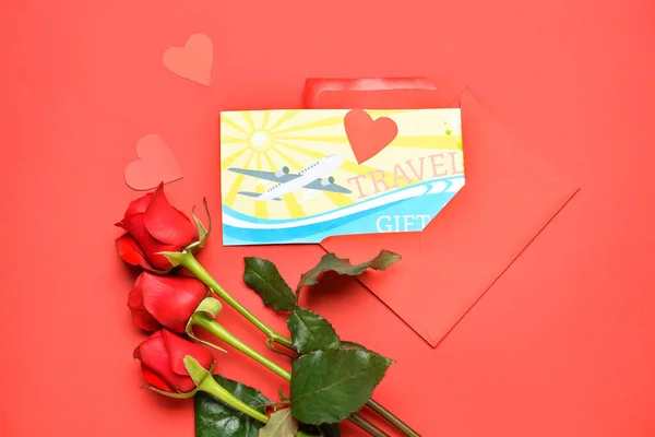 Gift Voucher Envelope Paper Hearts Roses Red Background Valentine Day — Zdjęcie stockowe
