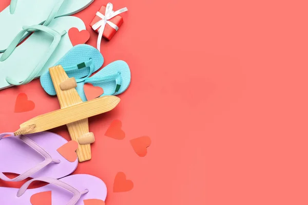 Wooden Airplane Gift Flip Flops Paper Hearts Red Background Valentine — Zdjęcie stockowe