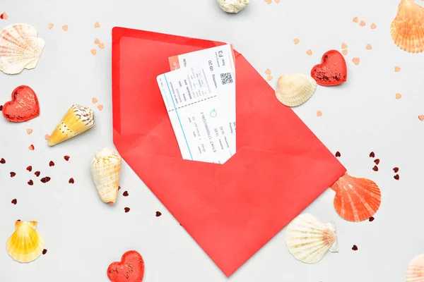 Envelope Tickets Hearts Confetti Seashells Light Background Valentine Day Celebration — Fotografia de Stock