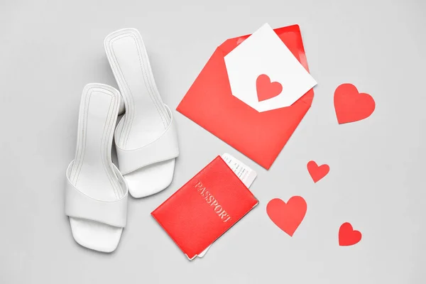 Envelope Paper Hearts Passport Female Shoes Light Background Valentine Day — Fotografia de Stock