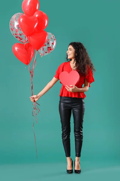 Beautiful Young Woman Gift Balloons Color Background Valentine Day Celebration — Stock Photo, Image