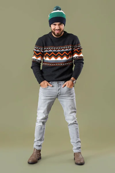 Handsome Young Man Warm Sweater Color Background — Stock Photo, Image