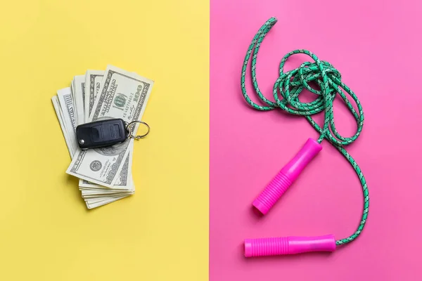 Dollar Banknotes Car Key Jumping Rope Color Background Concept Balance — Stock Photo, Image