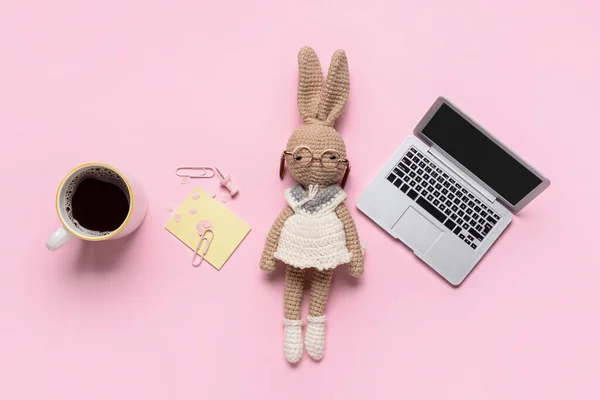 Tiny Laptop Bunny Toy Cup Coffee Stationery Color Background — Stockfoto