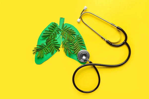 Paper Human Lungs Green Leaves Stethoscope Color Background — Stock Photo, Image