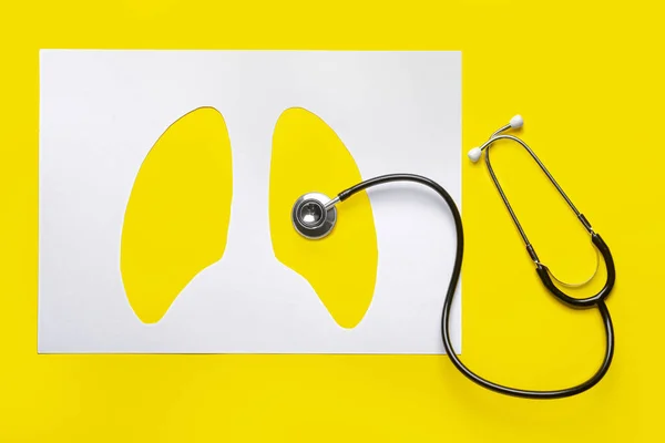 Paper Sheet Cut Human Lungs Stethoscope Color Background — Stockfoto