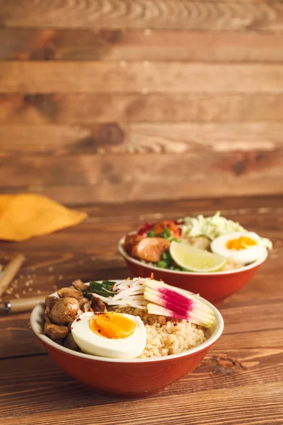 Healthy Quinoa Bowls Egg Wooden Background — 스톡 사진