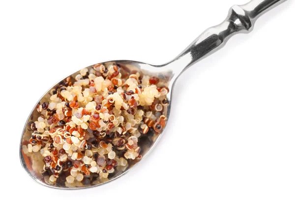 Lepel Met Gekookte Quinoa Witte Achtergrond — Stockfoto