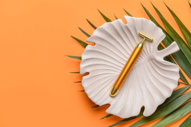 Renk arkaplanında yüz masajı silindiri