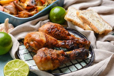 Masada lezzetli pişmiş tavuk budu tabağı