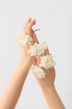 Hafif arka planda taze çiçekleri olan kadın eller