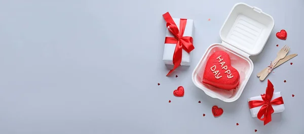 Tasty Bento Cake Gifts Valentine Day Grey Background Space Text — Zdjęcie stockowe