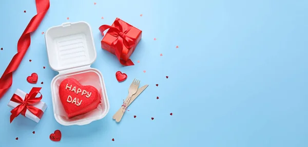 Tasty Bento Cake Gifts Valentine Day Blue Background Space Text — Zdjęcie stockowe