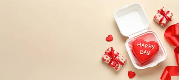 Tasty Bento Cake Gifts Valentine Day Beige Background Space Text — Fotografia de Stock