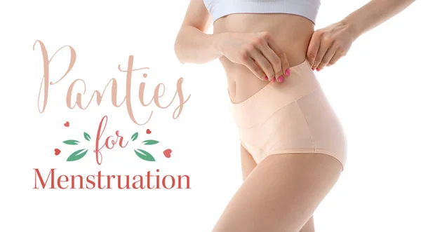 Young Woman Wearing Panties Menstruation White Background — Stock Photo, Image