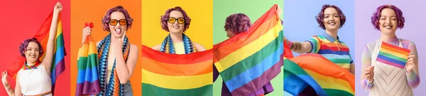Beautiful Young Woman Unusual Hair Flag Lgbt Color Background — Zdjęcie stockowe