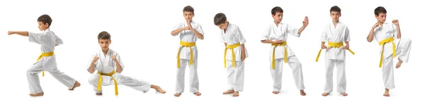 Set Van Kleine Jongen Oefenen Karate Witte Achtergrond — Stockfoto