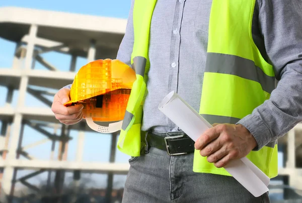 Male Worker Safety Hardhat Drawing Construction Site —  Fotos de Stock