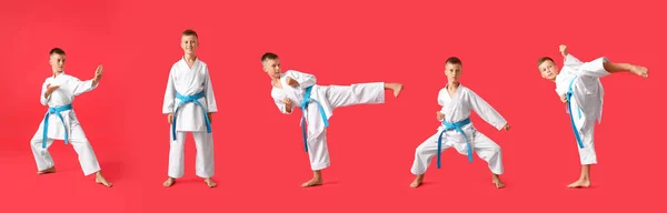 Set Little Boy Practicing Karate Red Background — Stock Photo, Image