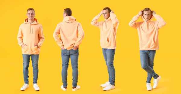 Set Young Man Stylish Hoodie Yellow Background — Zdjęcie stockowe