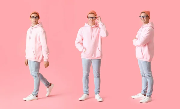 Set Young Man Stylish Hoodie Pink Background — Zdjęcie stockowe