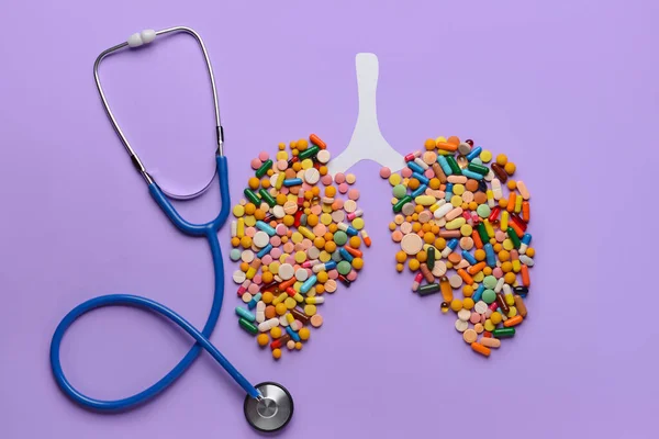 Human Lungs Made Pills Stethoscope Color Background — Stockfoto