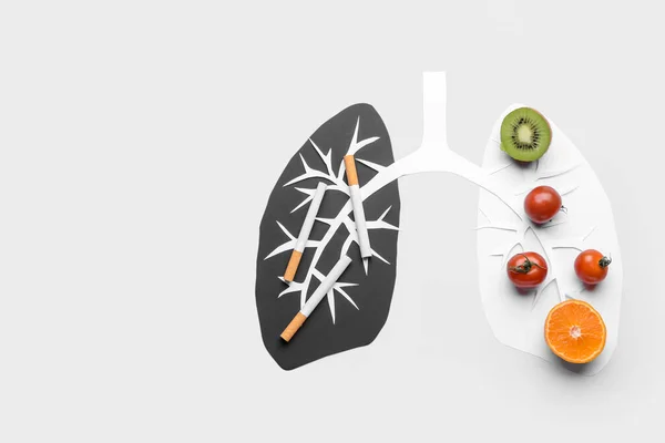 Paper Human Lungs Healthy Products Cigarettes Light Background — Zdjęcie stockowe