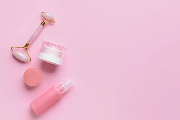 Face Massage Roller Cosmetic Products Color Background — Fotografia de Stock