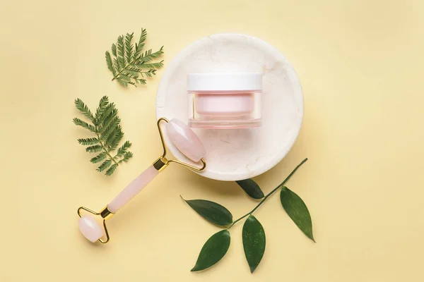 Face Massage Roller Cosmetic Cream Light Background — Stock Fotó