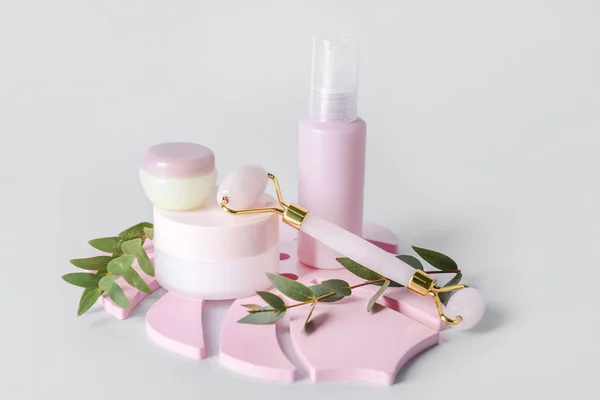 Face Massage Roller Cosmetic Products Light Background — Fotografia de Stock