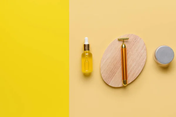 Face Massage Roller Cosmetic Products Color Background — Fotografia de Stock