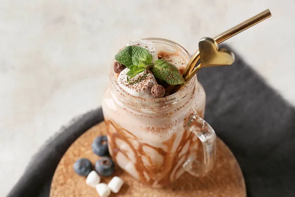 Mason Jar Sweet Cocoa Drink Table — Stock Photo, Image