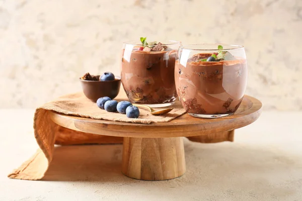 Stand Glasses Sweet Cocoa Dessert Grunge Background — Stock Photo, Image