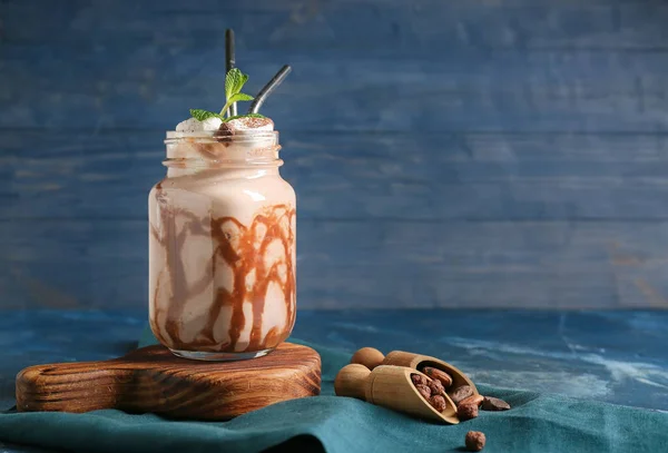 Mason Jar Sweet Cocoa Drink Color Background — Stock Photo, Image